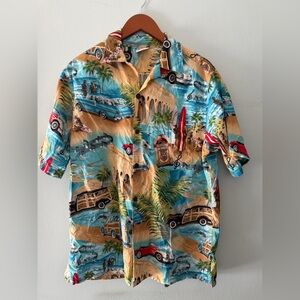 Go Barefoot Mens Hawaiian Shirt Vintage Woody Car Surf Beach Blue Large L‎